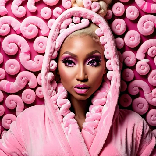 Prompt: Women pink fluffy bathrobe hypnotised with pink spirals in eyes looking at nicki minaj