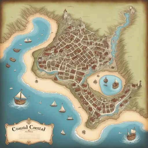 Prompt: map of a fantasy coastal town with a geographical  key