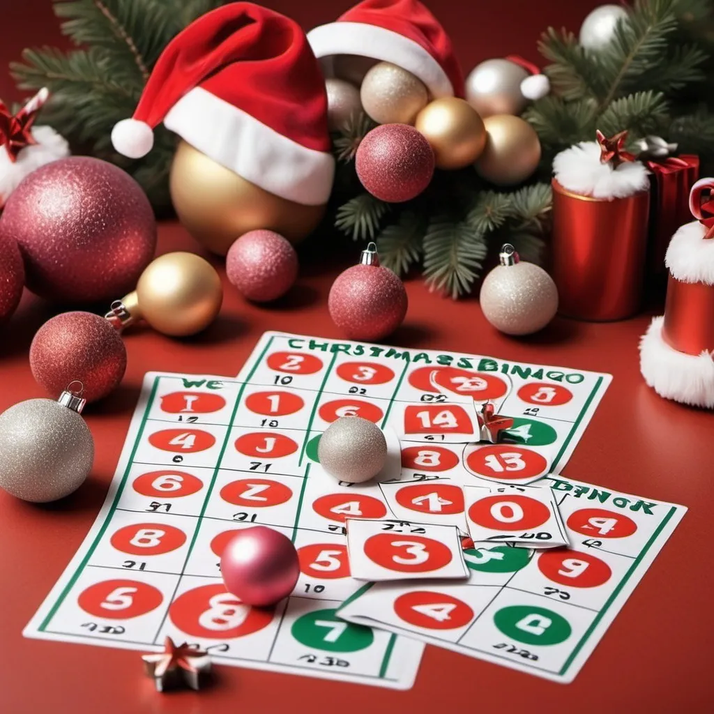 Prompt: I need a picture for a Facebook Event. The event is a christmas themed bingo party. There needs to be several people playing and having fun on the photos. Make it realistic.