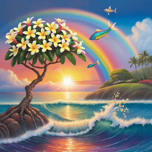 Prompt: greeting card, plumeria tree with blossoms, ocean, sunset, a fish jumping out of the water, a rainbow in the sky