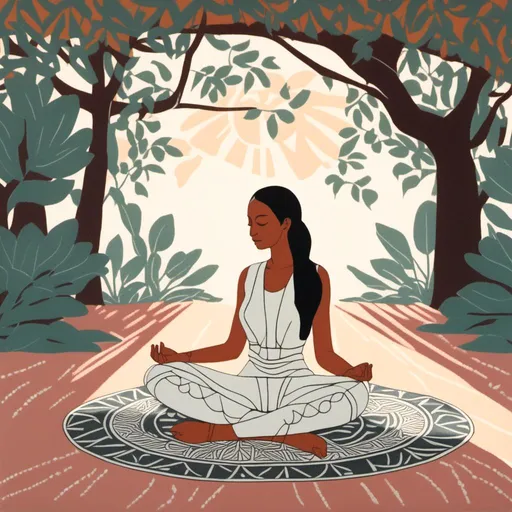 Prompt: delicate looking woman, meditating under a fig tree, sitting on the ground, dressed in light color clothing,  a mandala on the ground in front of her, feeling of calmness, glow behind woman <mymodel>