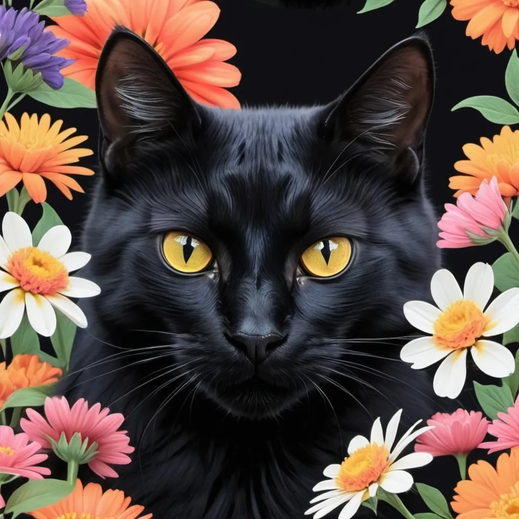 Prompt: black cat with flowers