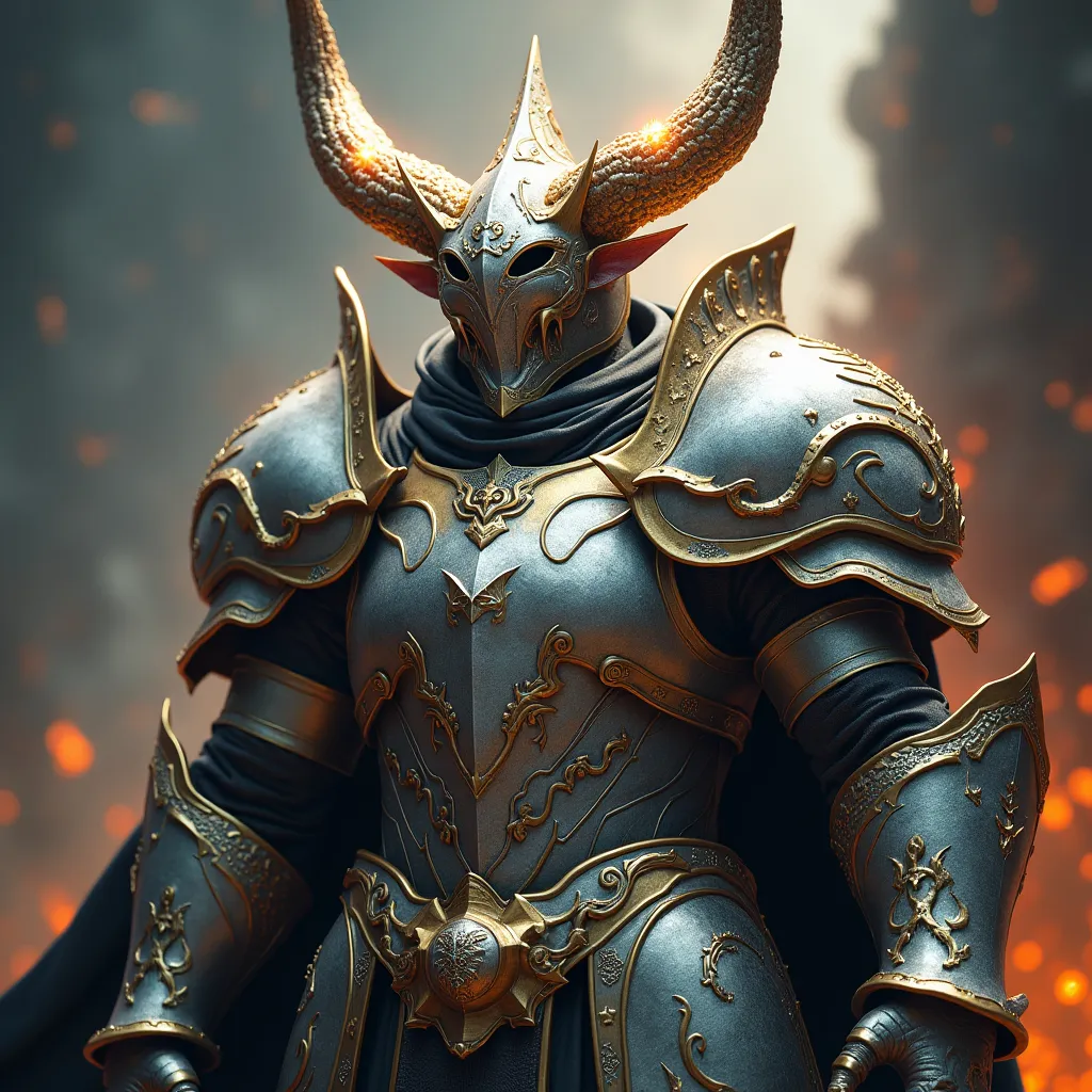 Prompt: (Bahamut paladin, full armor and helm obscuring face), highly detailed armor design, intricate dragon motifs, radiant silver and gold color scheme, divine shining light emanating from armor, epic fantasy atmosphere, dramatic lighting highlighting the armored figure, moody and intense background, mystical hints of magic in the environment, 4K resolution, ultra-detailed, dynamic composition.