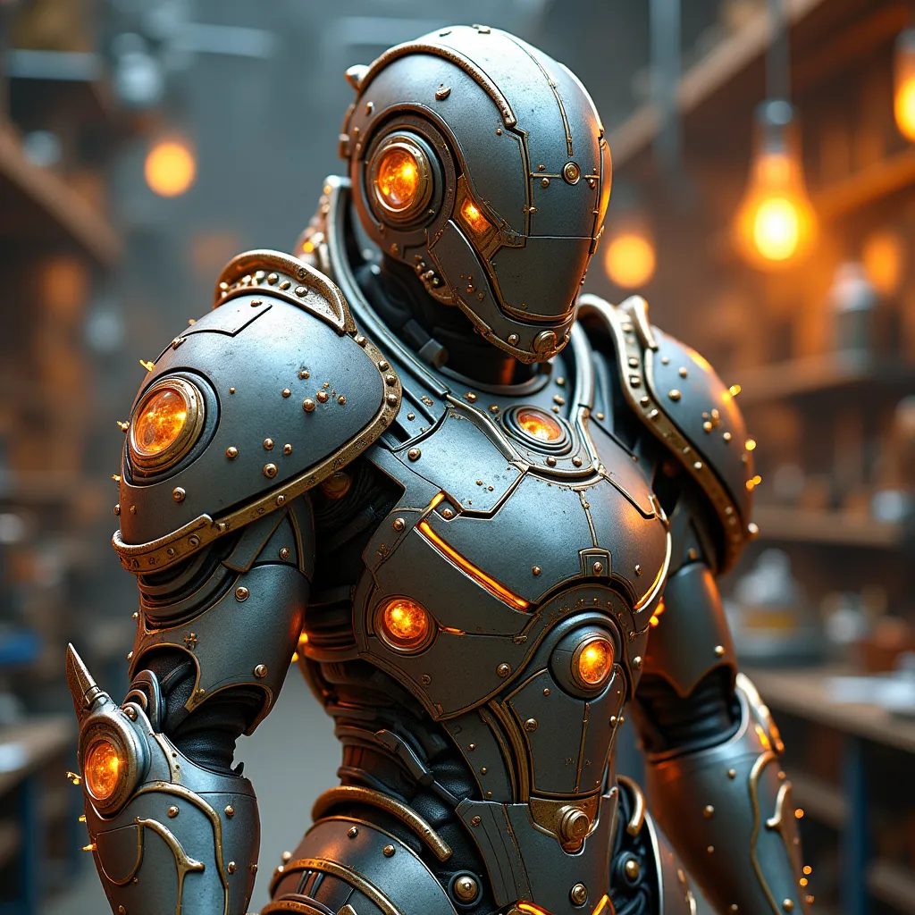 Prompt: (Artificer full armor), intricately designed armor showcasing elaborate mechanical features, metallic textures blending polished steel and bronze tones, adorned with glowing runes, whimsical gadgets integrated throughout, set against a workshop backdrop filled with tools and sparkling blueprints, illuminating a creative atmosphere, (highly detailed), (4K).