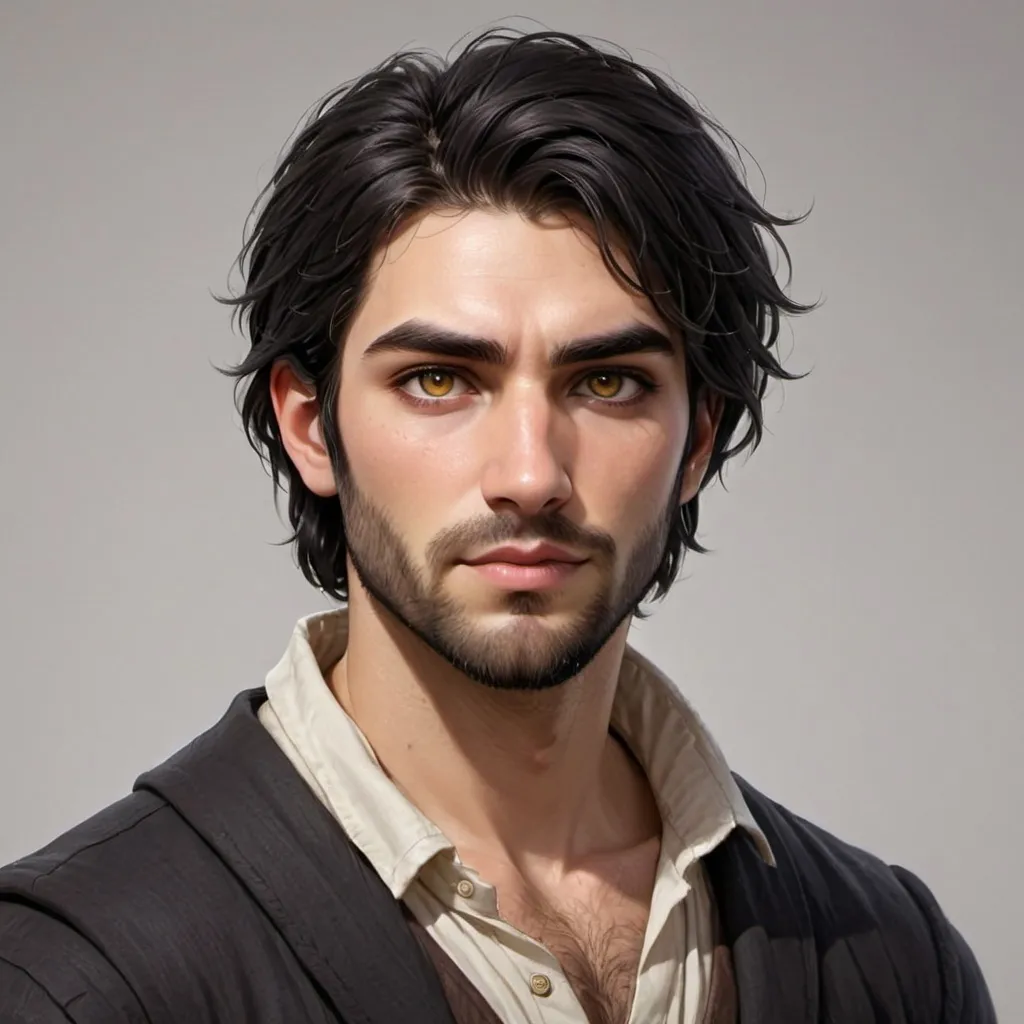 Prompt: Create an image of this character human, age of 25, black hair, light beard, honey eyes, height 170 cm, weight 80 kg