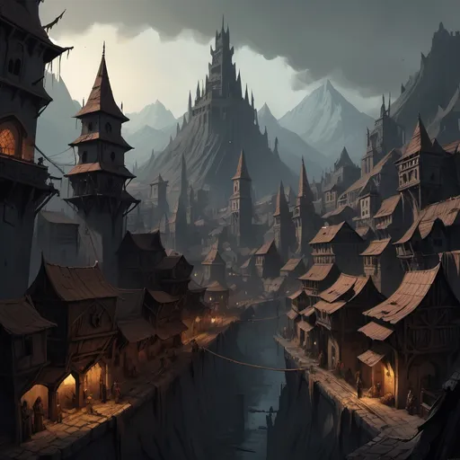 Prompt: A city Duskmire is one of the largest and most dangerous cities in Vardras, located near the Shadow Peaks mountain range. It is a city of towering spires and sprawling slums, where the wealthy live in fortified manors high above the rest, and the poor eke out an existence in the shadows below.

The city is notorious for its corruption and ruthless factions. The ruling families vie for control over key trade routes and resources, using criminal organizations to do their dirty work. Assassinations, betrayals, and political machinations are common in Duskmire, and many powerful figures operate behind the scenes.