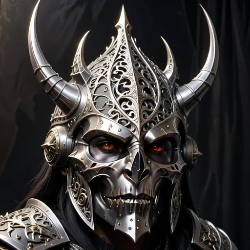 Prompt: (epic helm covering the whole head), intricate design, metallic finish, reinforced edges, dramatic styling, gothic elements, ornate detailing, adorned with mystical symbols, radiant highlights, shadowing for depth, dark background to emphasize the helm, high fantasy atmosphere, ultra-detailed, 4K quality, showcasing an awe-inspiring aura of power and strength.