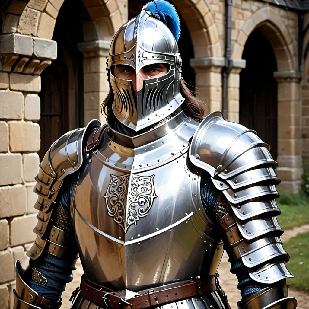 Prompt: Seran stands at around 6 feet tall, with a strong yet agile build that speaks to his years of training and adventuring. His most distinctive feature is his helm, which he never removes in the presence of others. The that cover the face helm is made of sturdy steel with intricate but not overly ornate engravings, giving it a knightly but humble appearance. His armor is practical—well-used but maintained, simple but effective plate mail that bears no personal insignia, only the marks of many battles. Beneath his armor, he is a man with rugged, weather-worn features and short, dark brown hair. His eyes are a piercing blue, though only those who have seen him without his helm would know. He moves with a quiet, purposeful grace, his aura of calm confidence setting others at ease.