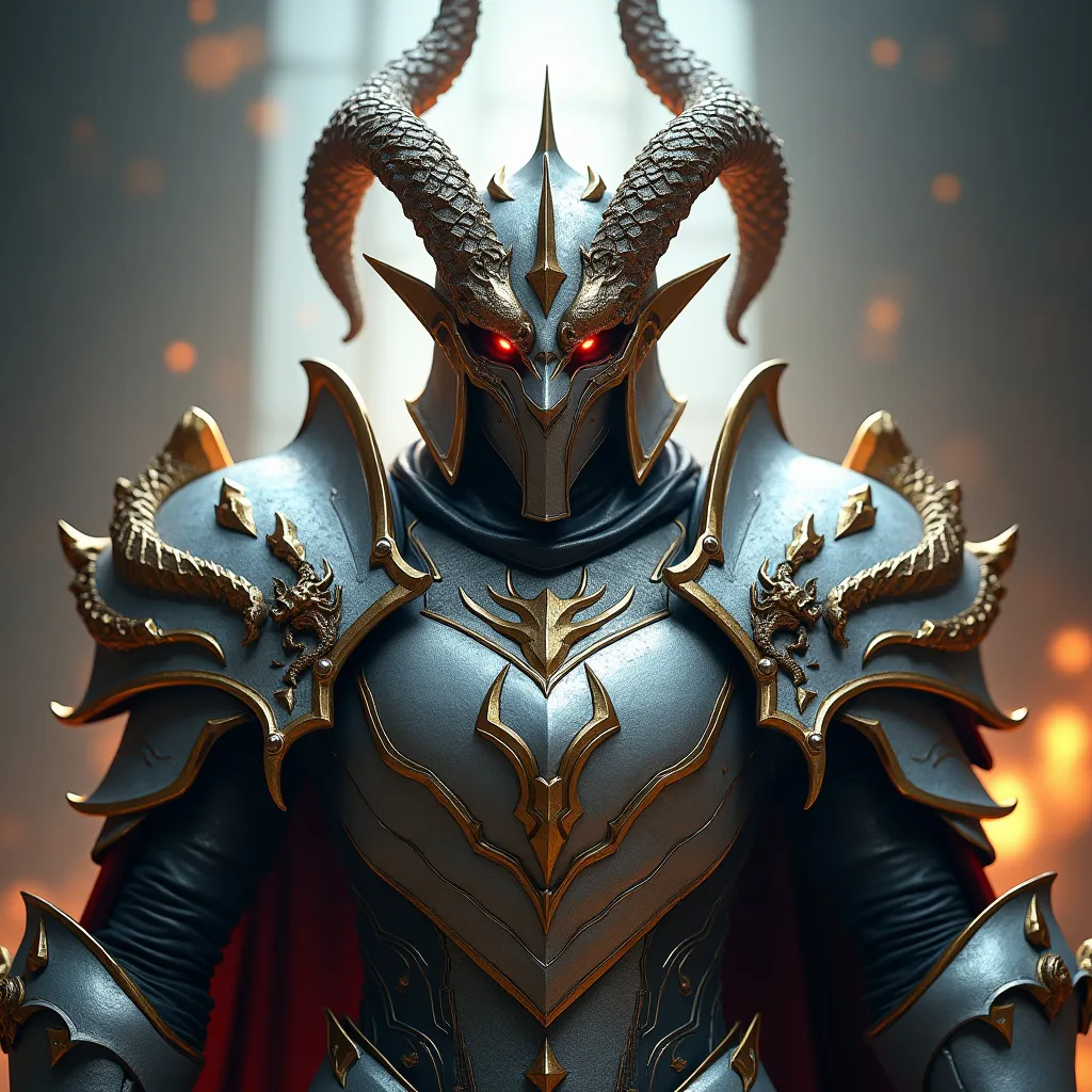 Prompt: (Bahamut paladin, full armor and helm obscuring face), highly detailed armor design, intricate dragon motifs, radiant silver and gold color scheme, divine shining light emanating from armor, epic fantasy atmosphere, dramatic lighting highlighting the armored figure, moody and intense background, mystical hints of magic in the environment, 4K resolution, ultra-detailed, dynamic composition.