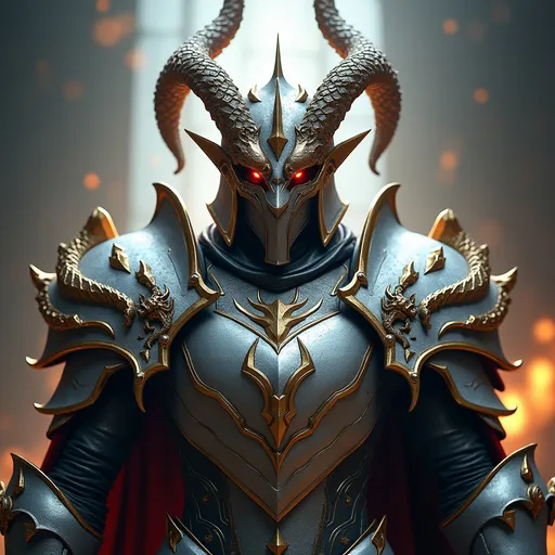 Prompt: (Bahamut paladin, full armor and helm obscuring face), highly detailed armor design, intricate dragon motifs, radiant silver and gold color scheme, divine shining light emanating from armor, epic fantasy atmosphere, dramatic lighting highlighting the armored figure, moody and intense background, mystical hints of magic in the environment, 4K resolution, ultra-detailed, dynamic composition.