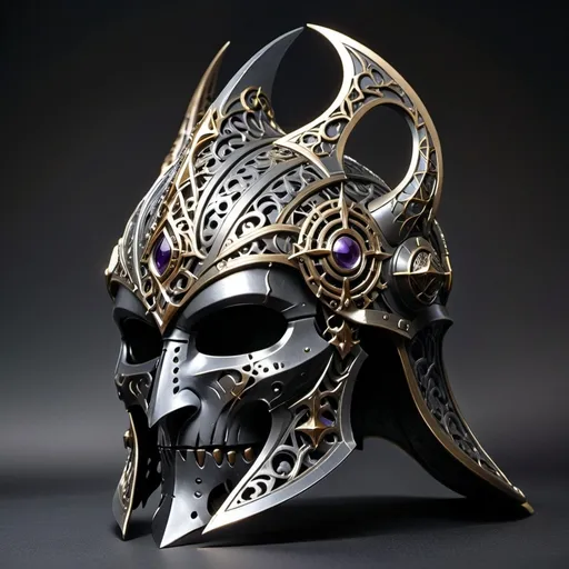 Prompt: (epic helm covering the whole head), intricate design, metallic finish, reinforced edges, dramatic styling, gothic elements, ornate detailing, adorned with mystical symbols, radiant highlights, shadowing for depth, dark background to emphasize the helm, high fantasy atmosphere, ultra-detailed, 4K quality, showcasing an awe-inspiring aura of power and strength.