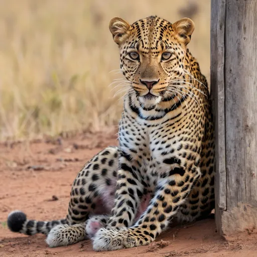 Prompt: Leopard sitting next to the corner of a fence on the African Plains