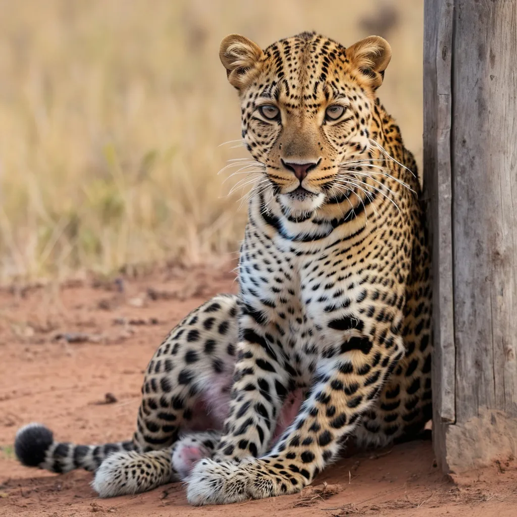 Prompt: Leopard sitting next to the corner of a fence on the African Plains