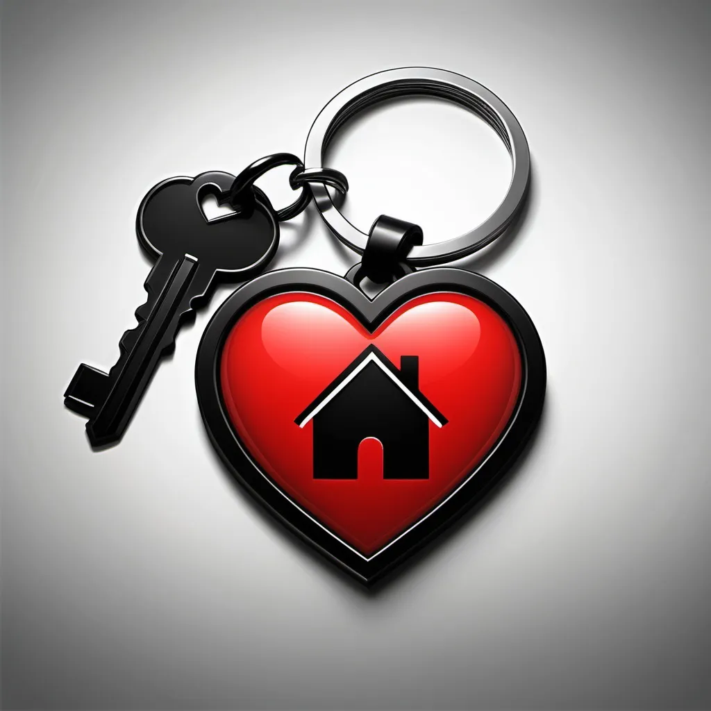 Prompt: make a clean line logo with a black keychain with a red heart inside a house and a red key attached to it, red color to heart and make Key red color with black border. For the company Really Great Homes