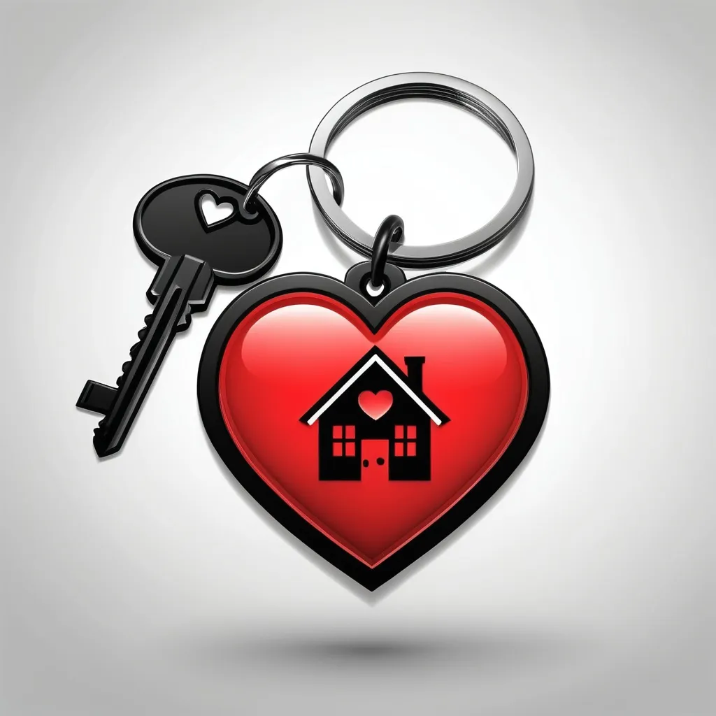 Prompt: make a clean line logo with a black keychain with a red heart inside a house and a red key attached to it, red color to heart and make Key red color with black border. For the company Really Great Homes