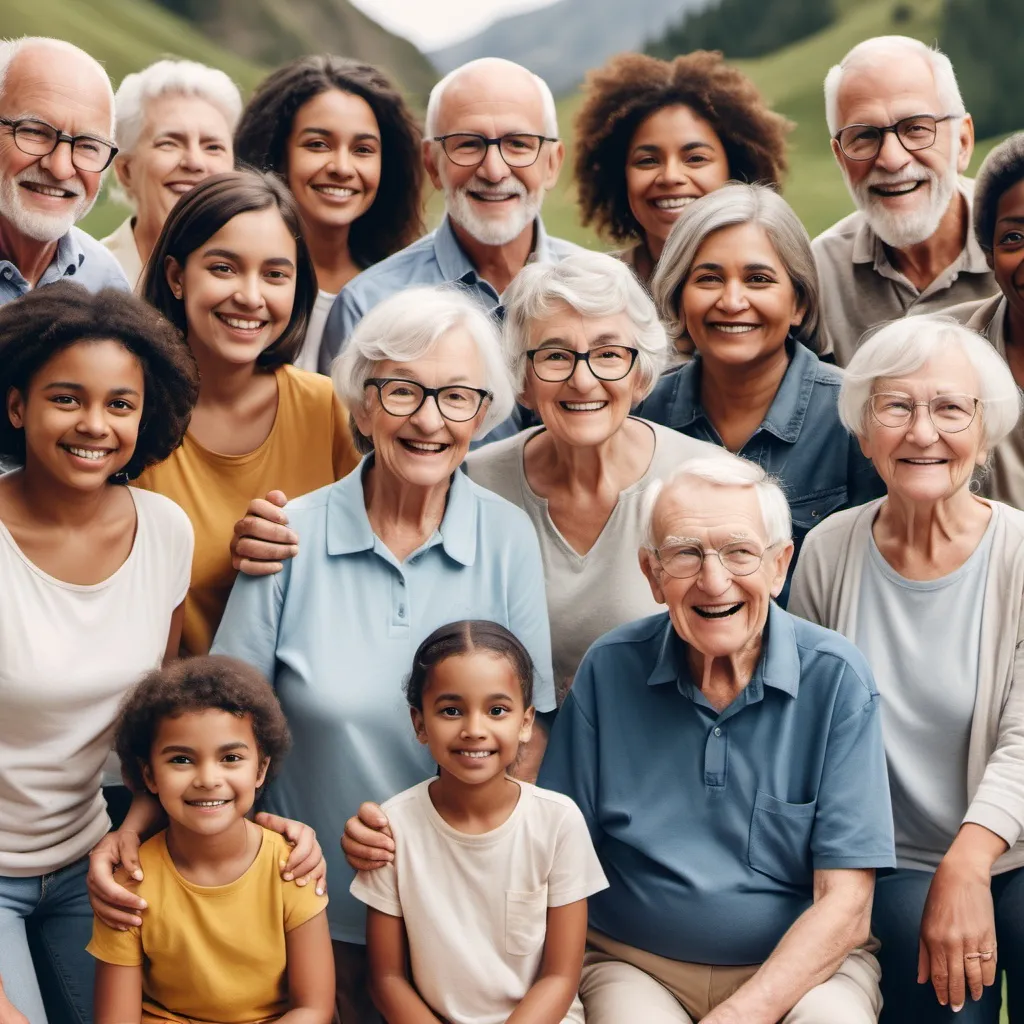 Prompt: A landscape image with no background with diverse group of people of all ages including 2 old people and a parent with a child