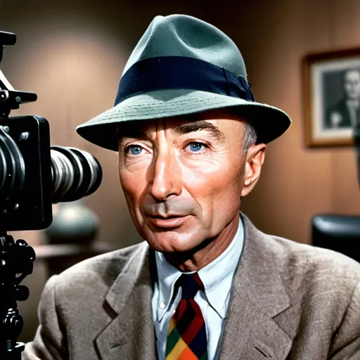 Prompt: Create a colorful picture of robert oppenheimer being interviewed in front of a camera