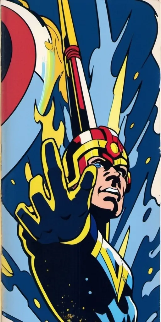 Prompt: (cool superhero comic book cover art), (Jack Kirby style), dark tones, dark blue flames with yellow trim, contrasting light blue, rich burgundy, and crisp white accents, vintage comic aesthetic, dynamic action pose, vibrant colors, intricate details, dramatic shadows, 4K quality, dotted halftone