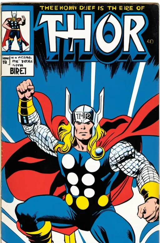 Prompt: THOR comic book cover art. dark blue fire yellow trim, light blue, burgundy, white, white, blue, vintage comic