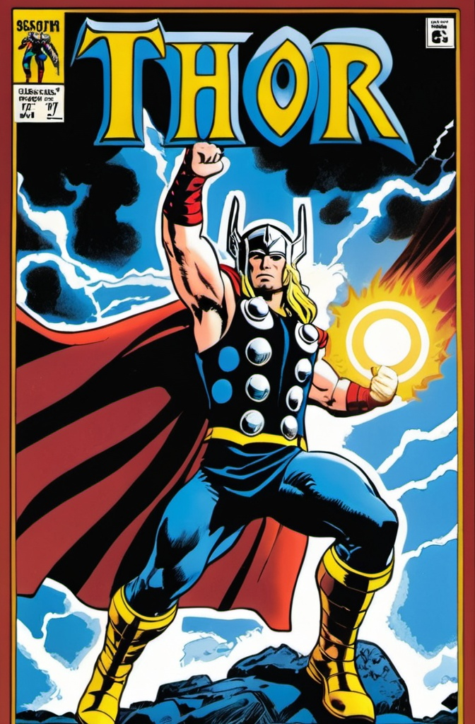 Prompt: THOR comic book cover art. dark blue fire yellow trim, light blue, burgundy, white, white, blue, vintage comic