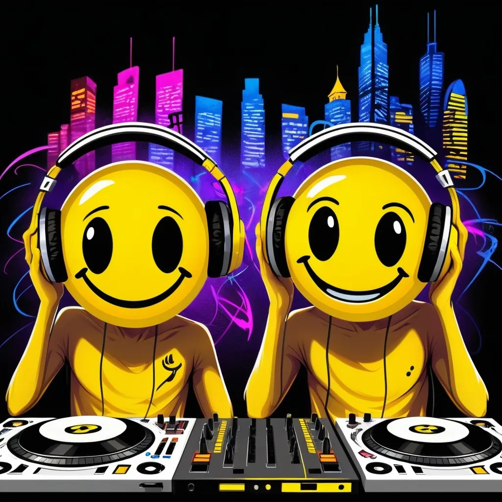 Prompt: Dark graffiti style two flat yellow smiley faces with a serious face with headphones on dj's decks with music and dancing house music