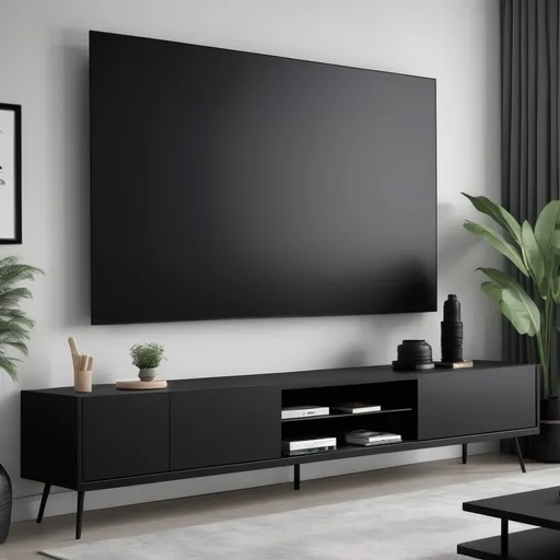 Prompt: living room entertainment center, (matte black) finish, sleek design, built of a single cabinet, dimensions: 210 cm wide, 35 cm high, 50 cm deep, elevated on stylish 20 cm high metal legs, modern and minimalist aesthetic, contemporary home decor, cozy ambiance, high-quality details, ultra-detailed, inviting atmosphere.