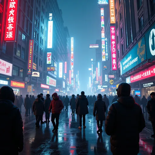 Prompt: dark cyber punk ally with a heaps of people, slightly lit in neon during snow storm at night