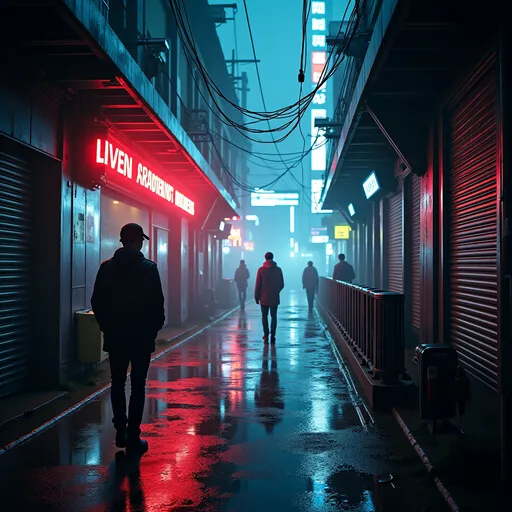 Prompt: dark cyber punk ally with few people, slightly lit in neon during rain storm at night, depressing