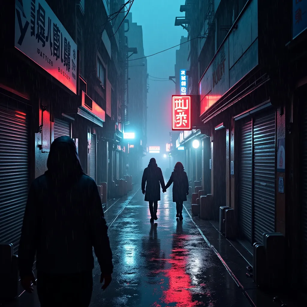 Prompt: dark cyber punk ally with few people, slightly lit in neon during rain storm at night, depressing