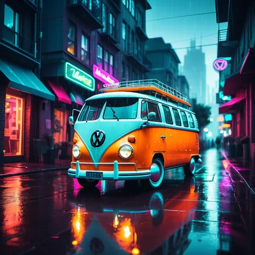 Prompt: classic VW van in neon lit street in a futuristic city during rain