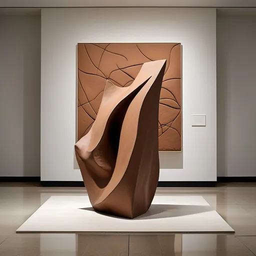 Prompt: a clay sculpture sitting on a tile floor in front of a painting of a large abstract design on the wall, Alberto Burri, new sculpture, hard edges, an abstract sculpture