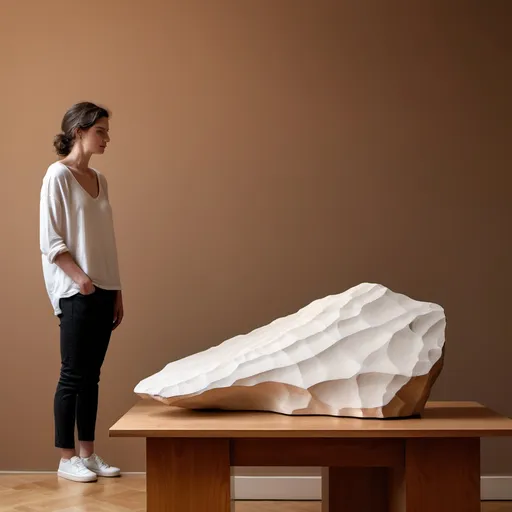 Prompt: a white rock sitting on top of a wooden table next to a wall with a brown background and a person standing next to it, Apelles, new sculpture, studio photo, an abstract sculpture