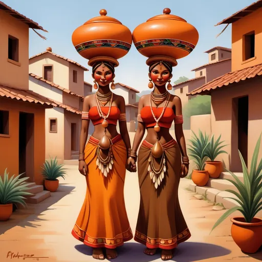 Prompt: "Create a vibrant, stylized scene of two women dressed in colorful traditional attire, each carrying large decorated pots on their heads. The women have a graceful, serene expression with symbolic jewelry and adornments. They stand in front of a village scene with simple houses and lush plants. The color palette consists of warm earth tones such as orange, red, brown, with contrasting teal and blue accents. The geometric, simplified shapes and bold lines add a modern, artistic touch to the composition, with emphasis on cultural elements and harmony with nature."