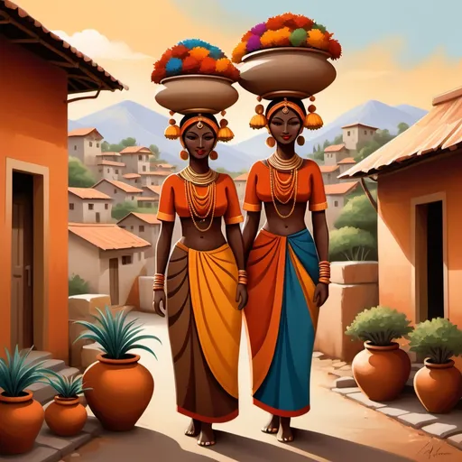 Prompt: "Create a vibrant, stylized scene of two women dressed in colorful traditional attire, each carrying large decorated pots on their heads. The women have a graceful, serene expression with symbolic jewelry and adornments. They stand in front of a village scene with simple houses and lush plants. The color palette consists of warm earth tones such as orange, red, brown, with contrasting teal and blue accents. The geometric, simplified shapes and bold lines add a modern, artistic touch to the composition, with emphasis on cultural elements and harmony with nature."