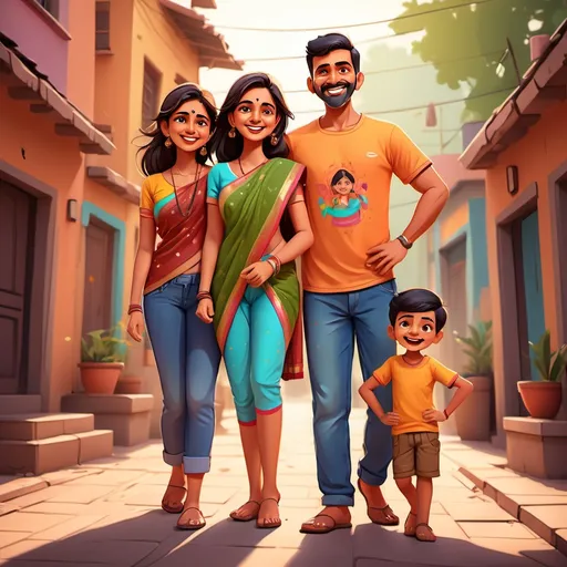 Prompt: (Animated Picture), cartoon style, vibrant color scheme, Indian family of four, joyful atmosphere, Man in pants and shirt, Lady in saree, Girl in jeans and top, Boy in shorts and t-shirt, standing together, warm smiles, dynamic poses, detailed facial expressions, lively background with colorful elements, ultra-detailed, cheerful ambiance.