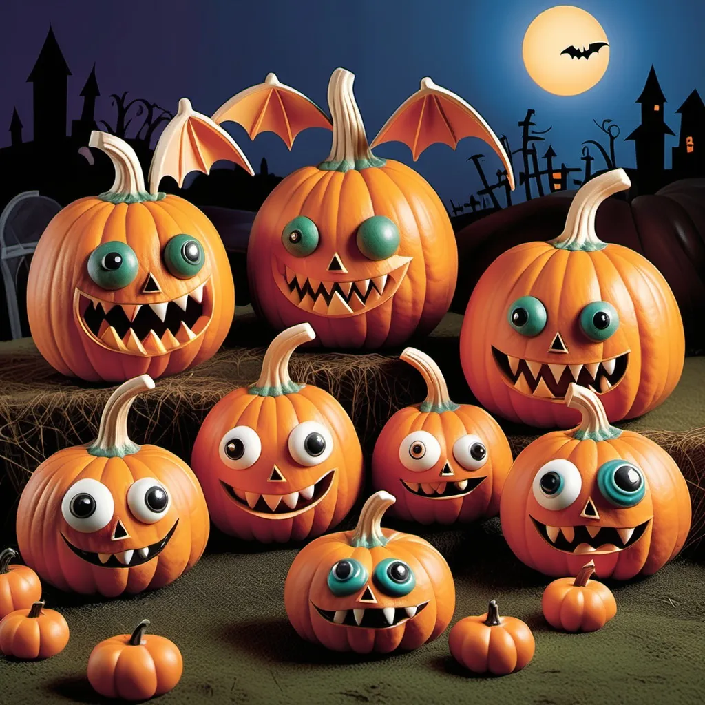 Prompt: Create a whimsical and spooky pumpkin patch scene where the pumpkins come to life as quirky monsters. The pumpkins should have unique, exaggerated facial expressions—some with sharp teeth, others with big googly eyes or mischievous grins. Each pumpkin monster can have different features like small bat wings, tiny horns, or creepy but cute limbs. The patch is set during twilight, with the sky a mix of deep purple and orange, casting an eerie glow over the scene. Add details like cobwebs hanging from the pumpkins, glowing eyes, and sparse autumn leaves scattered around. In the background, there's a haunted farmhouse silhouetted against the glowing moon.