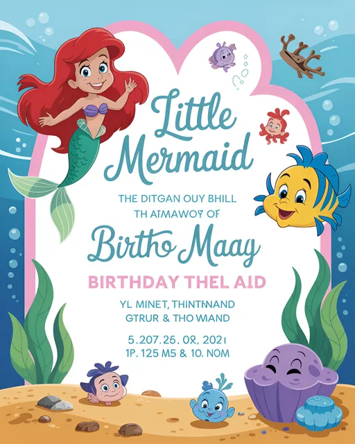Prompt: Image d’invitation d’anniversaire pour enfant sur le thème la petite sirène en format prêt à imprimer . La carte fait toute la taille de l’image générée 5 pouces par 7 pouces 