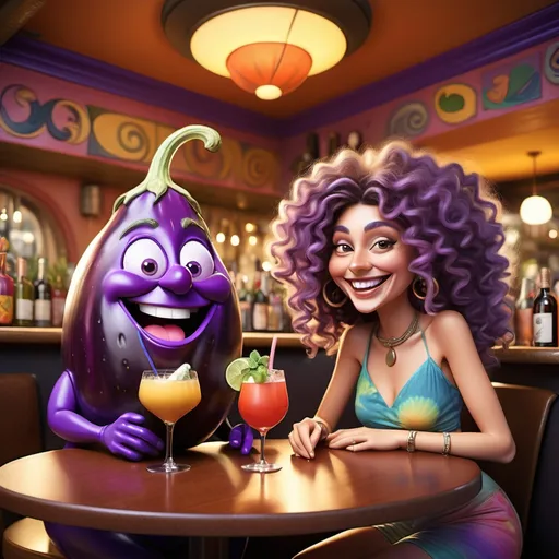 Prompt: "At a fancy restaurant, an anthropomorphic character resembling a cartoon eggplant sits across from a beautiful hippie woman with gorgeous curly hair. They share a laugh over colorful cocktails enjoying their quirky connection, while the ambiance is filled with warmth and romance."