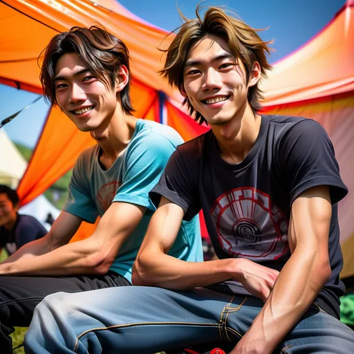 Prompt: very slender ((very scrawny)) ((((veiny muscular)))) 18yo smiling japanese bikerboys sitting before tent profile view