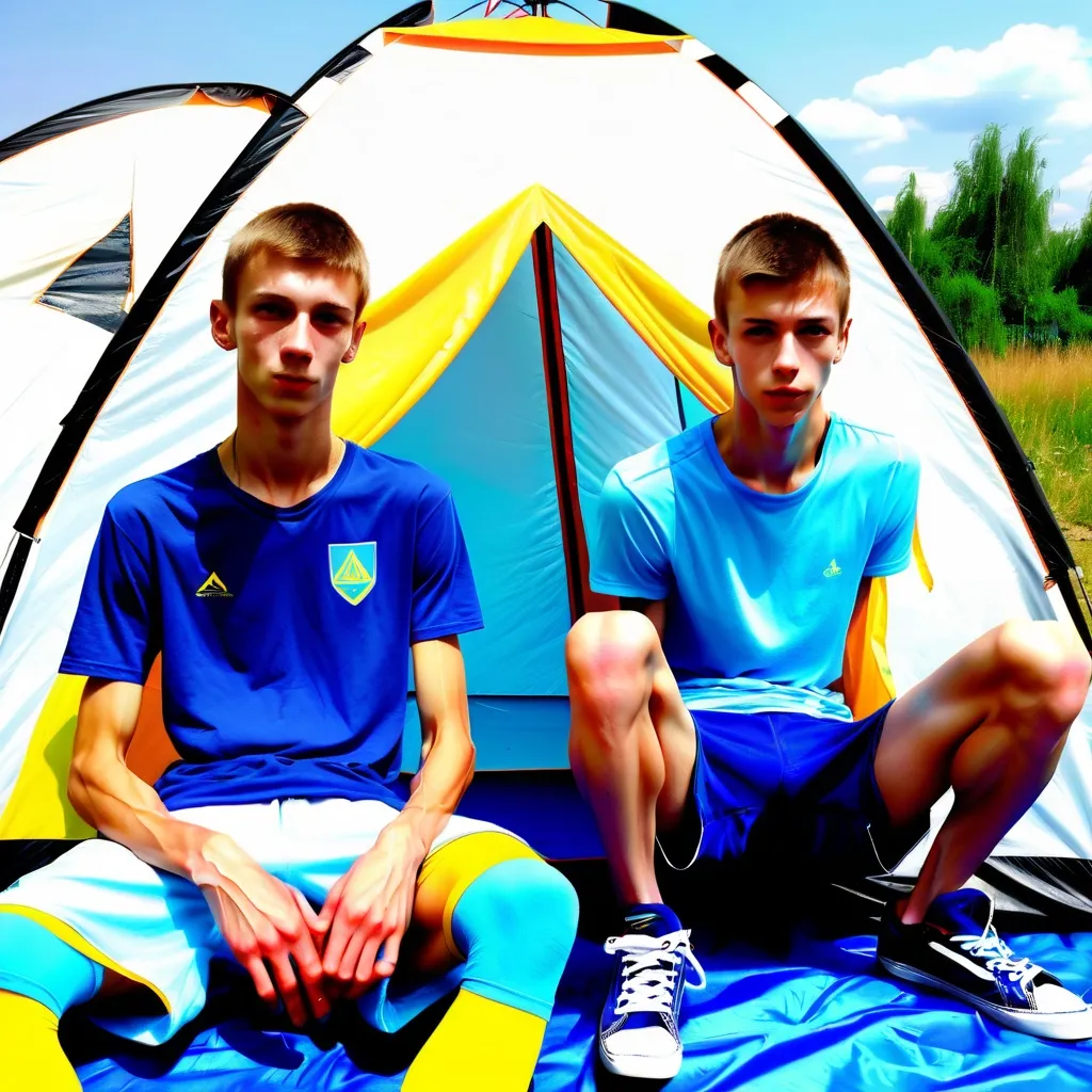 Prompt: very skinny very slim very slender (very scrawny) ((very muscular)) (very veiny), two ukrainian skaterboys 22yos, in sports shorts, sitting before their tent