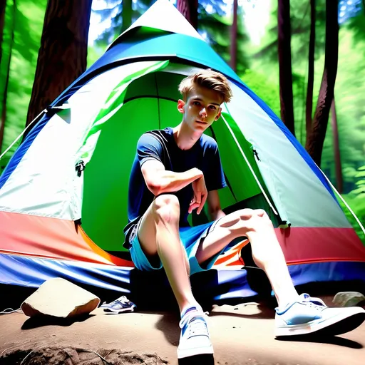 Prompt: very skinny very slim very slender (very scrawny) ((very muscular)) (very veiny), two khazakhstanian
 skaterboys 18yo, in sports shorts, sitting before their tent