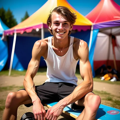 Prompt: slim skinny slender (very scrawny) ((very veiny)) ((((very muscular)))) smiling czech 22yos skaters arthyos sitting before their tent