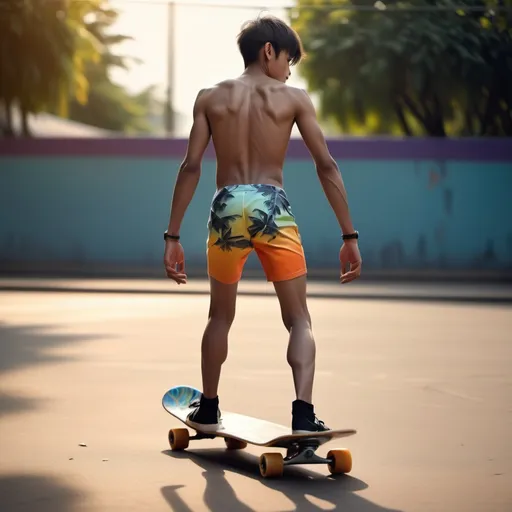 Prompt: (muscular thighs, calves), (back view), slender, slim, skinny, very scrawny, myanmaryan skater 26os boy, wearing swimsuit vivid details, dynamic pose, skateboard nearby, cool tone, sunlight casting dramatic shadows, emphasizes the contrast between muscularity and skinniness, high-quality 4K, ultra-detailed, vibrant ambiance, back view