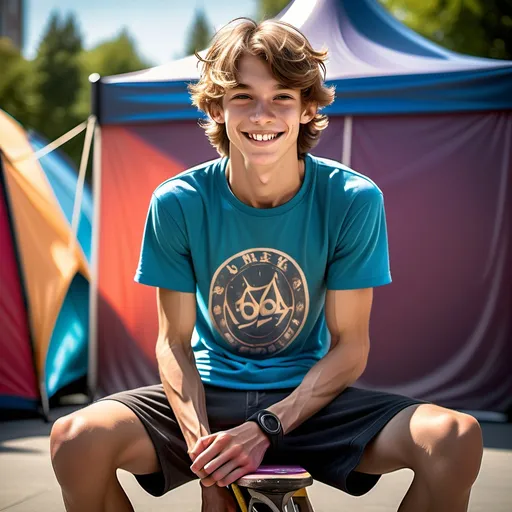 Prompt: slim skinny slender (very scrawny) ((very veiny)) ((((very muscular)))) smiling czech 20yos skaters arthyos sitting before their tent