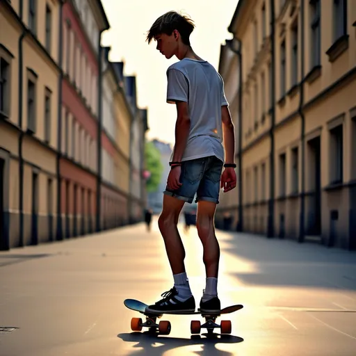 Prompt: (muscular thighs, calves), (back view), slender, slim, skinny, very scrawny, czech skater 17yos boy, wearing shorts, vivid details, dynamic pose, urban background, skateboard nearby, cool tone, sunlight casting dramatic shadows, emphasizes the contrast between muscularity and skinniness, high-quality 4K, ultra-detailed, vibrant ambiance