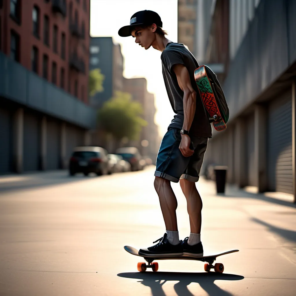 Prompt: muscular thights calfs of (very slender slim skinny) ((very scrawny)) czech 16yo skaterboy in shorts, detailed showing thights, back view