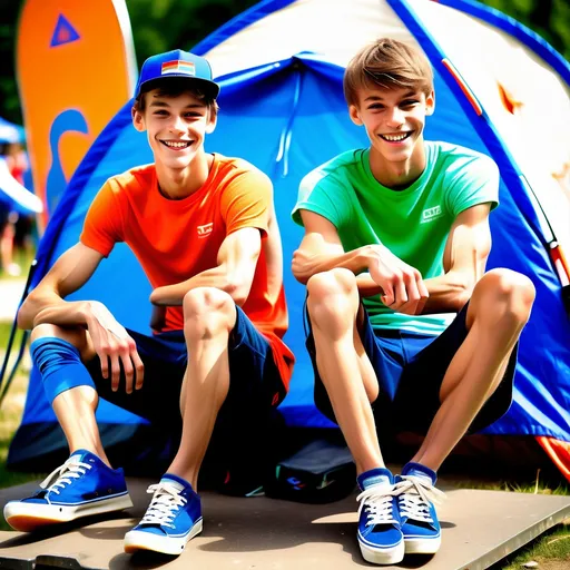 Prompt: slim, slender, skinny (((very scrawny))) ((((((((((very veiny)))))))))) ((((((((((very muscular)))))))))) two smiling gays slovenian skaterboys 18yos sitting before their tent, detailed side view to their calf