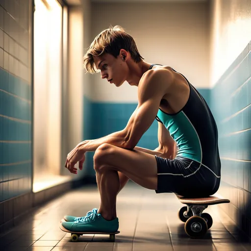 Prompt: (muscular thighs, calves), (back view), slender, slim, skinny, very scrawny, slovenian skater 18os boy, wearing swimsuit vivid details, dynamic pose, sitting at school toilets, skateboard nearby, cool tone, sunlight casting dramatic shadows, emphasizes the contrast between muscularity and skinniness, high-quality 4K, ultra-detailed, vibrant ambiance, back view