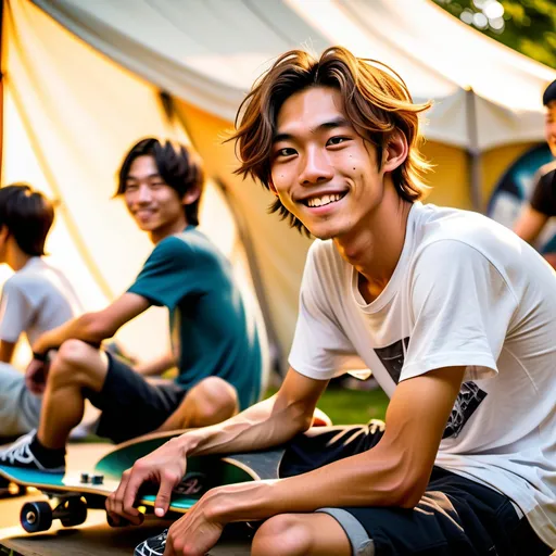 Prompt: very slender ((very scrawny)) ((((veiny muscular)))) 20yo smiling japanese gays skaterboys sitting before tent profile view
