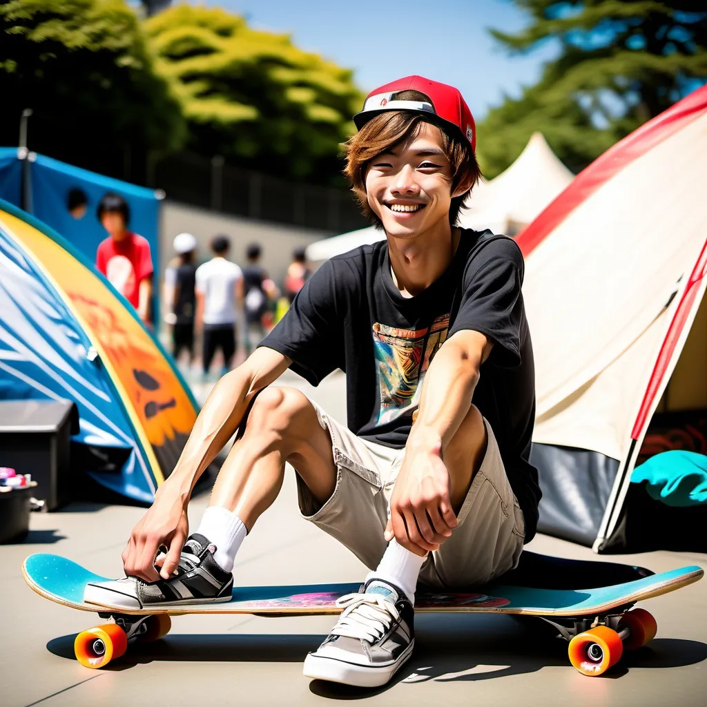 Prompt: very slender ((very scrawny)) ((((veiny muscular)))) 20yo smiling japanese gays skaterboys sitting before tent profile view